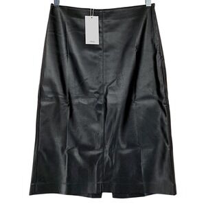 Mango Faux Leather Pencil Skirt 4‎ Black Midi Back Vent Sleek Professional NEW